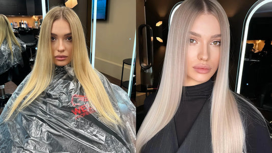 Model before AirTouch and after, having amazing gray smooth hair with gradient tone