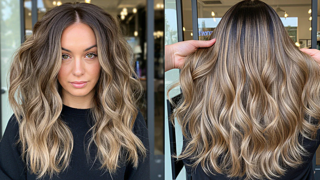 Side-by-side image with front and back of a person with wavy hair styled with a balayage coloring technique.