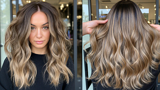 Side-by-side image with front and back of a person with wavy hair styled with a balayage coloring technique.