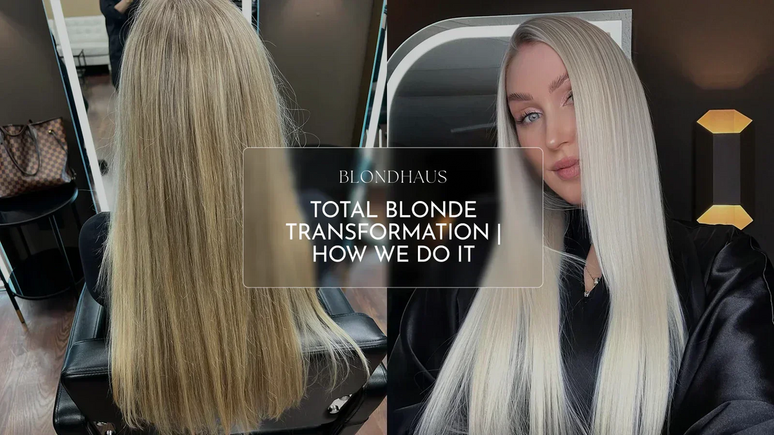 A before-and-after diptych shows a hair transformation from dull blonde to long, glossy platinum blonde, with "BLONDHAUS TOTAL BLONDE TRANSFORMATION" text overlay