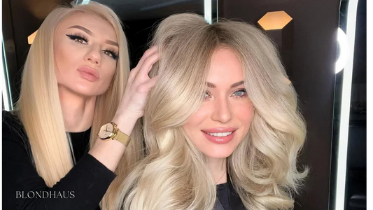     Query successful  A hairstylist with long blonde hair and dramatic winged eyeliner adjusts the voluminous, wavy blonde hair of a smiling client, who has bright blue eyes and soft makeup.