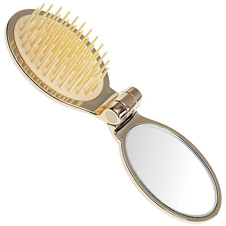 FOLDING HAIRBRUSH WITH MIRROR, GOLD COLOR - FOLDING HAIRBRUSH WITH MIRROR, GOLD COLOR